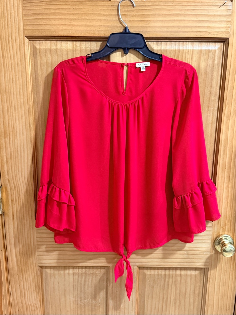 Lily White Tomato Red Tie-Front Ruffle Sleeve Blouse-XL-EC - Picture 3 of 12
